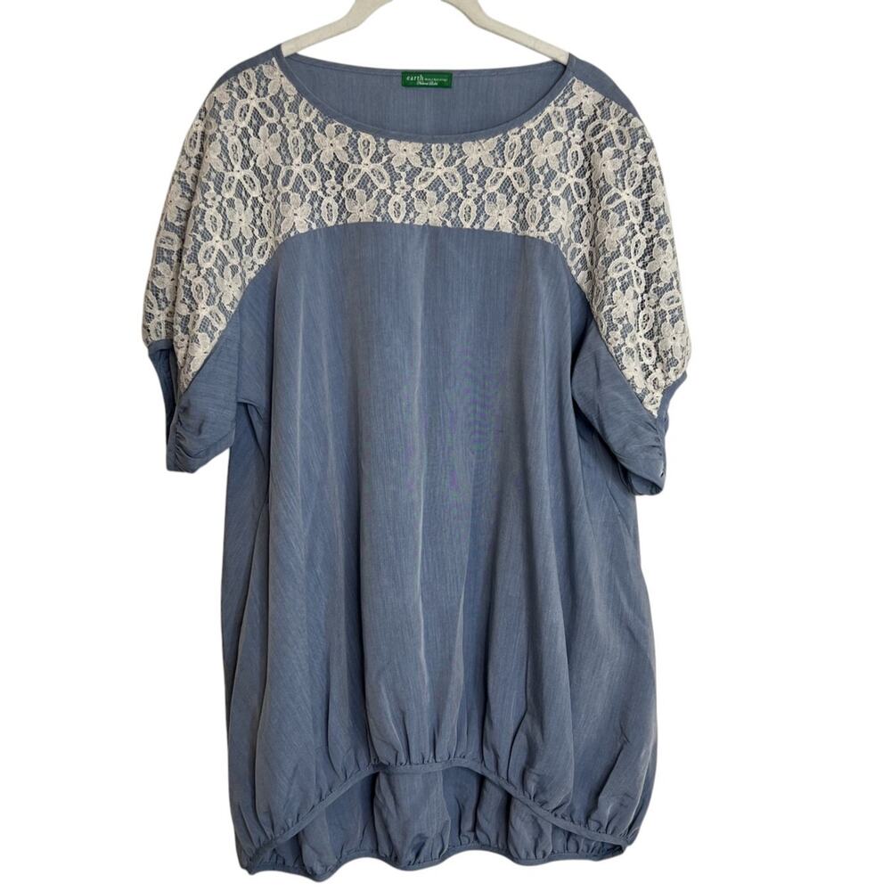Earth Music & Ecology Womens Tunic Top XL Blue Lace Hi Low Blouson Hem Boho